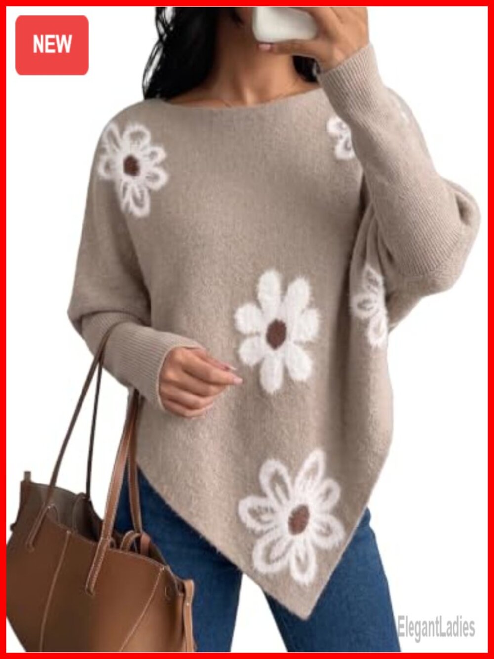 Womens Oversized Floral Knit Poncho Sweater Asymmetrical Hem Batwing Pullover